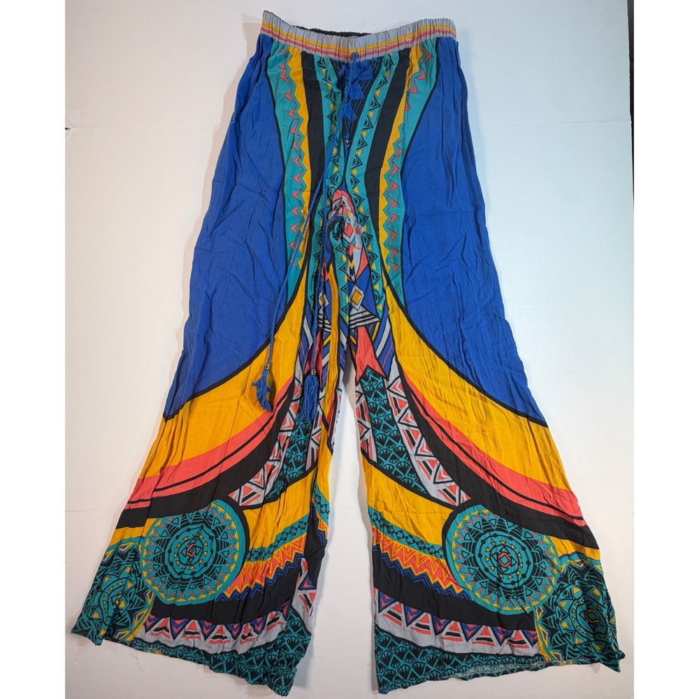 Flying Tomato Wide Leg Palazzo Pants Blue Yellow Boho Tribal Print IP4739 Small